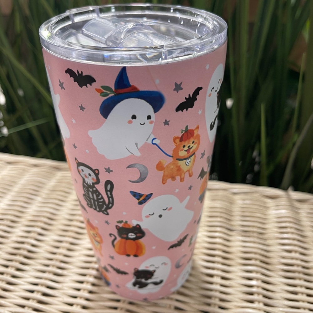 Pink Halloween Cats Dogs & Ghosts Insulated Stainless Tumbler Clementine NEW